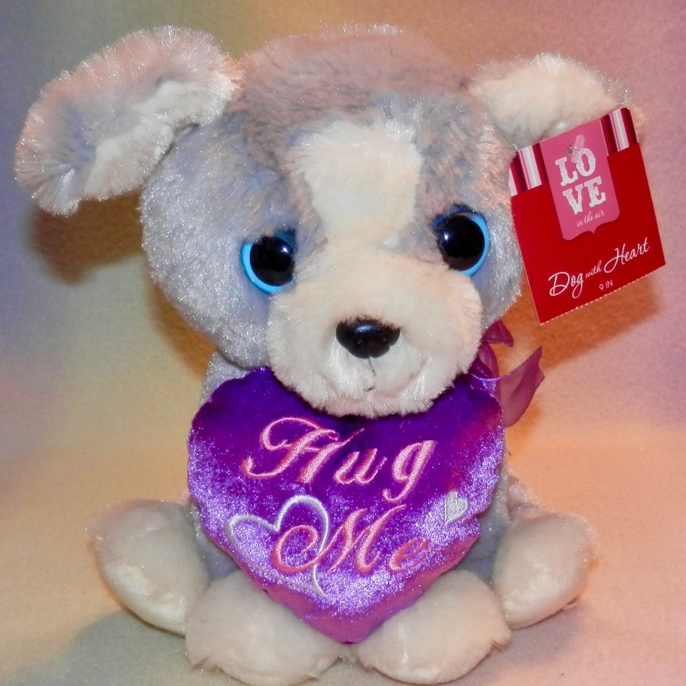 BIG BLUED EYED PLUSH HUSKY PUPPY WITH PURPLE HEART *  GRAY AND WHITE * 9 IN *